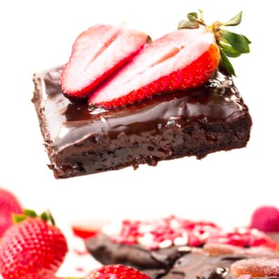 Double Chocolate Brownies with one fudge brownie elevated over other