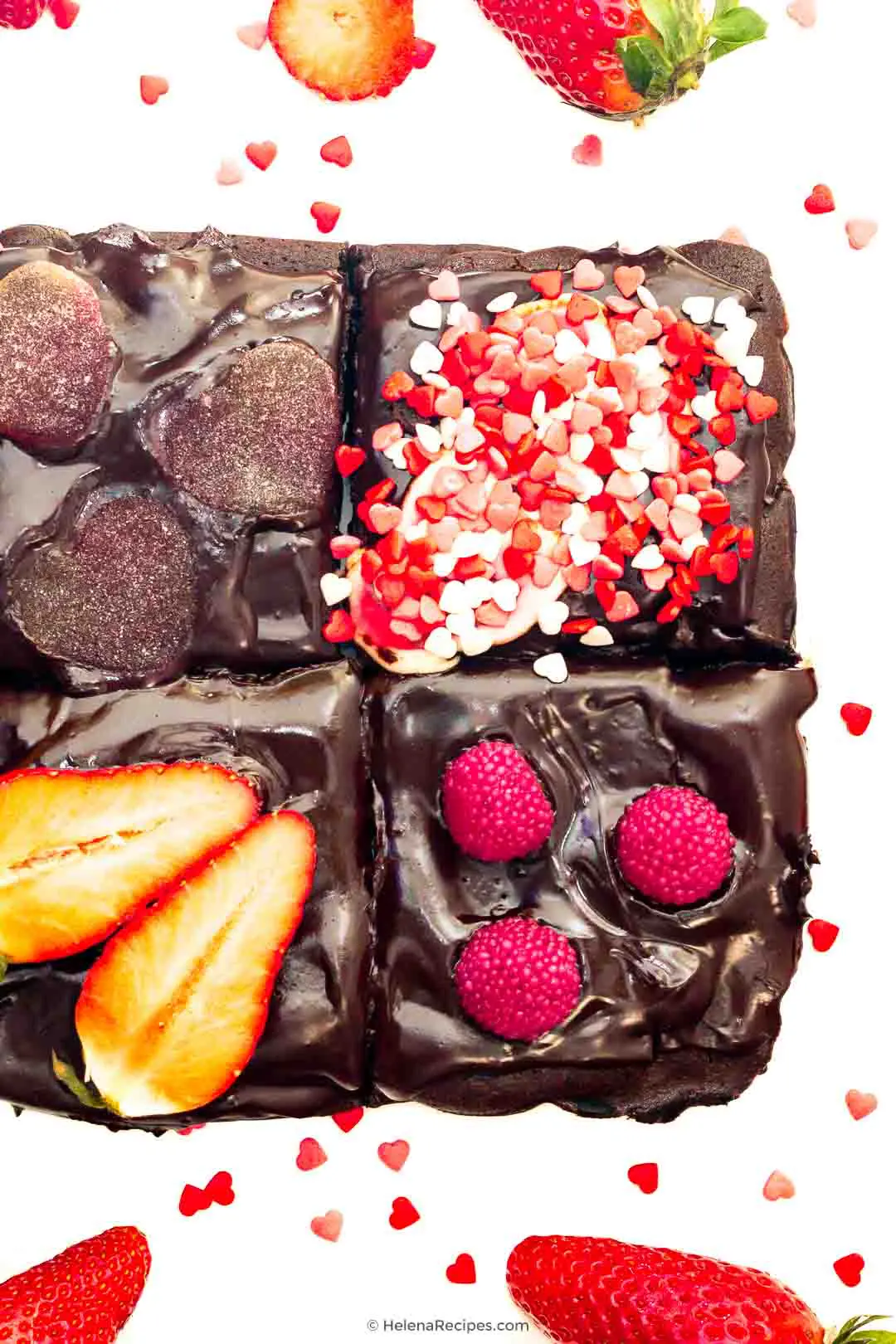 Four sections of Double Chocolate Brownies with each decorated with a special treat