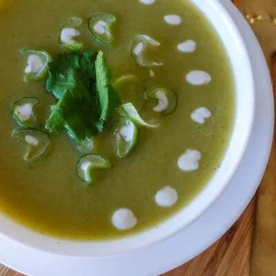 A bowl of potato leek soup.