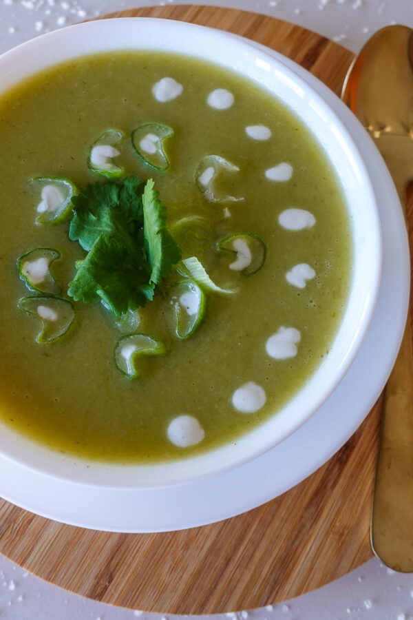 A bowl of potato leek soup.