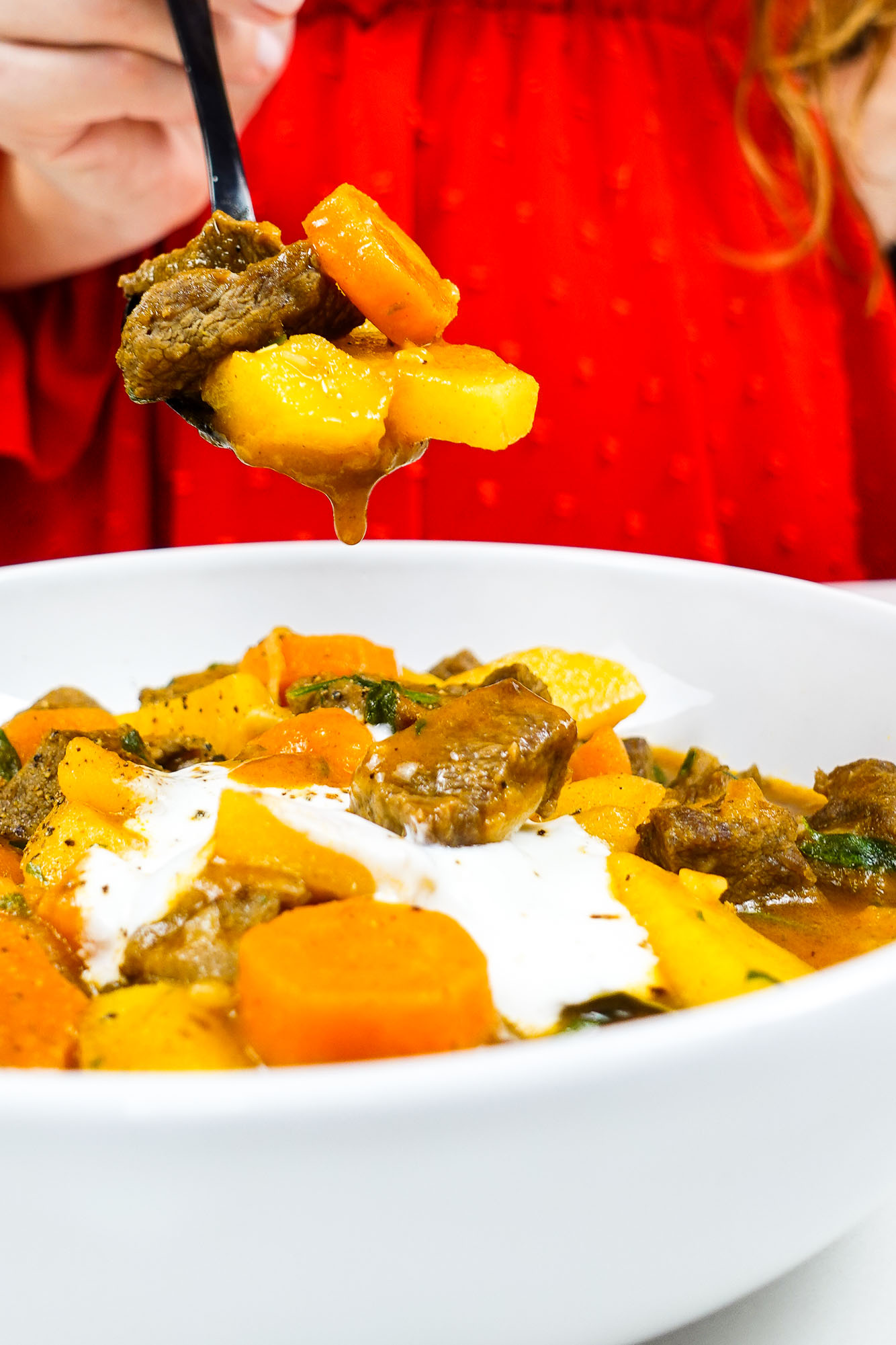 Keeping a soon of beef carrot potato stew over a bowl of stew