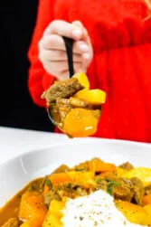A spoonful of the delicious Mediterranean Beef Carrot Potato Stew