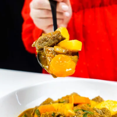 A spoonful of the delicious Mediterranean Beef Carrot Potato Stew