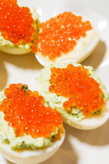 Salmon Caviar Deviled Eggs served and looking amazing