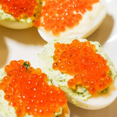 Salmon Caviar Deviled Eggs served and looking amazing