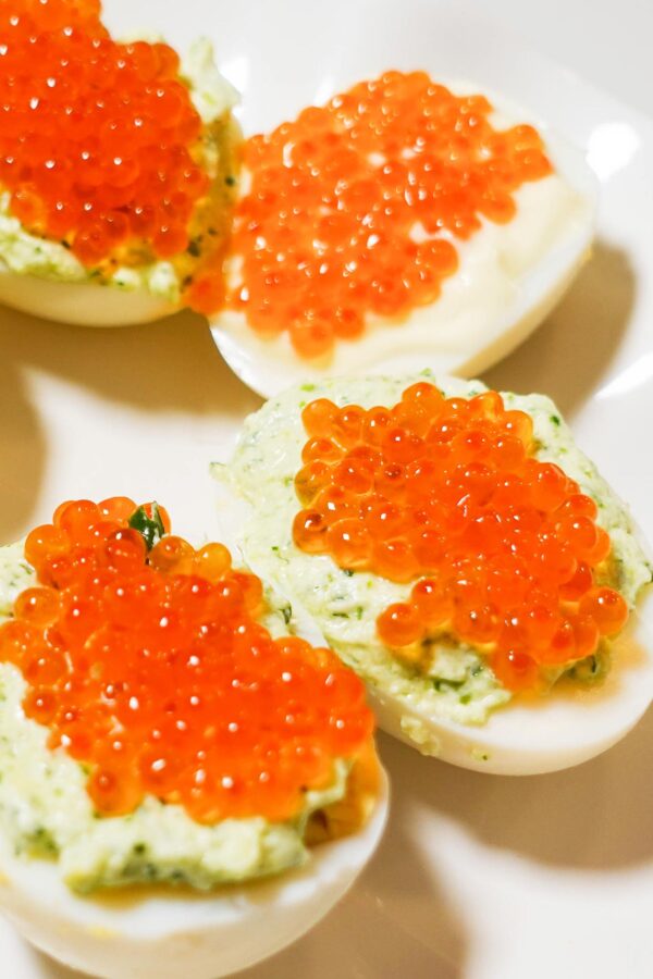 Salmon Caviar Deviled Eggs served and looking amazing
