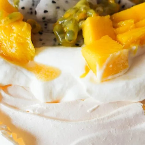 Amazing Tropical Fruit Pavlova ready to serve