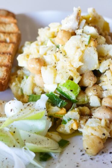 Chickpea Cod Salad with two crackers and one egg
