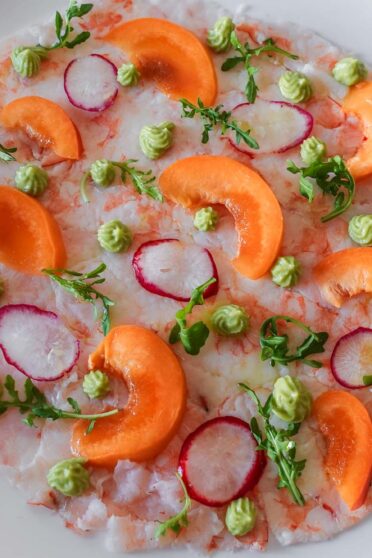 Apricot Shrimp Carpaccio served.