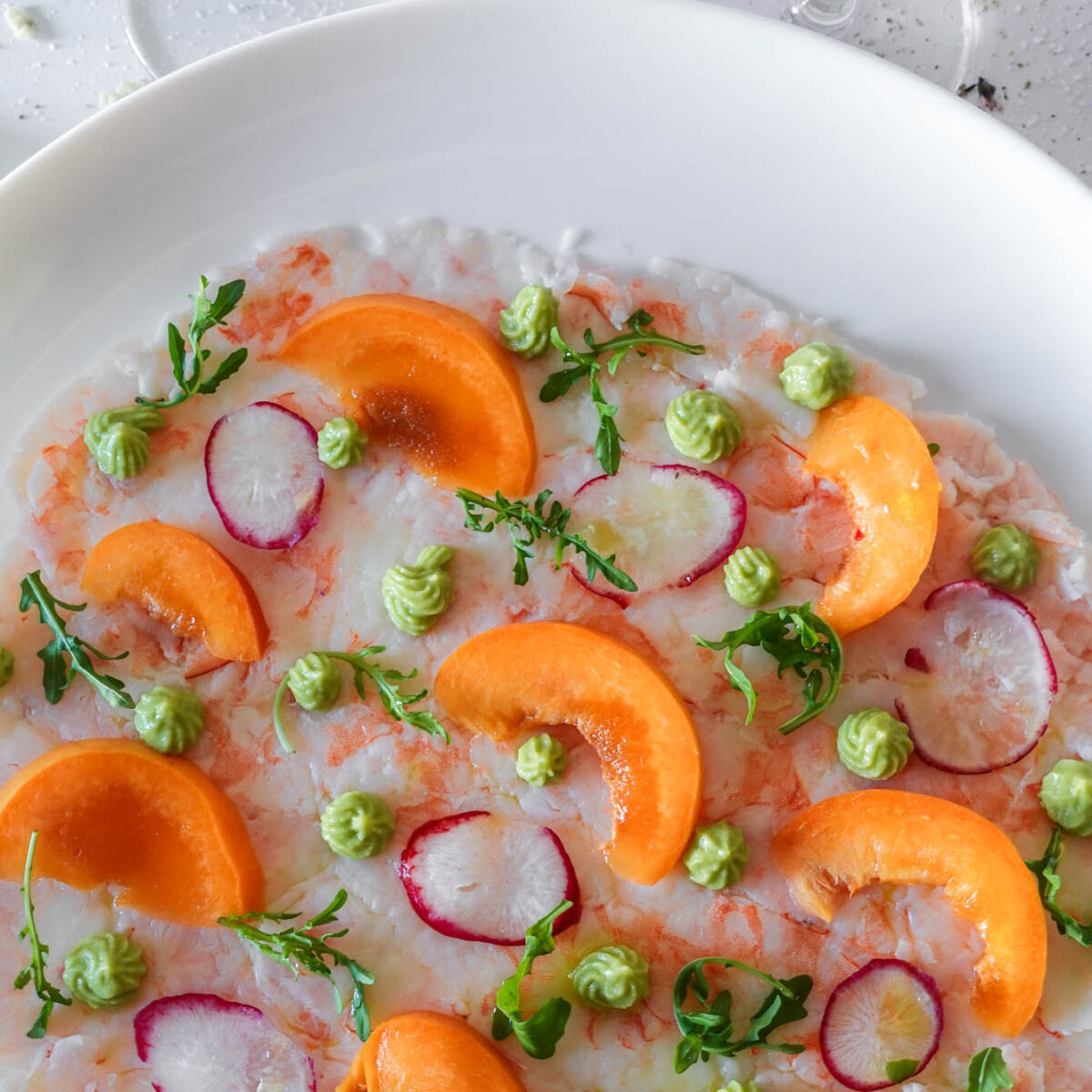 Apricot Shrimp Carpaccio with two glasses of port wine