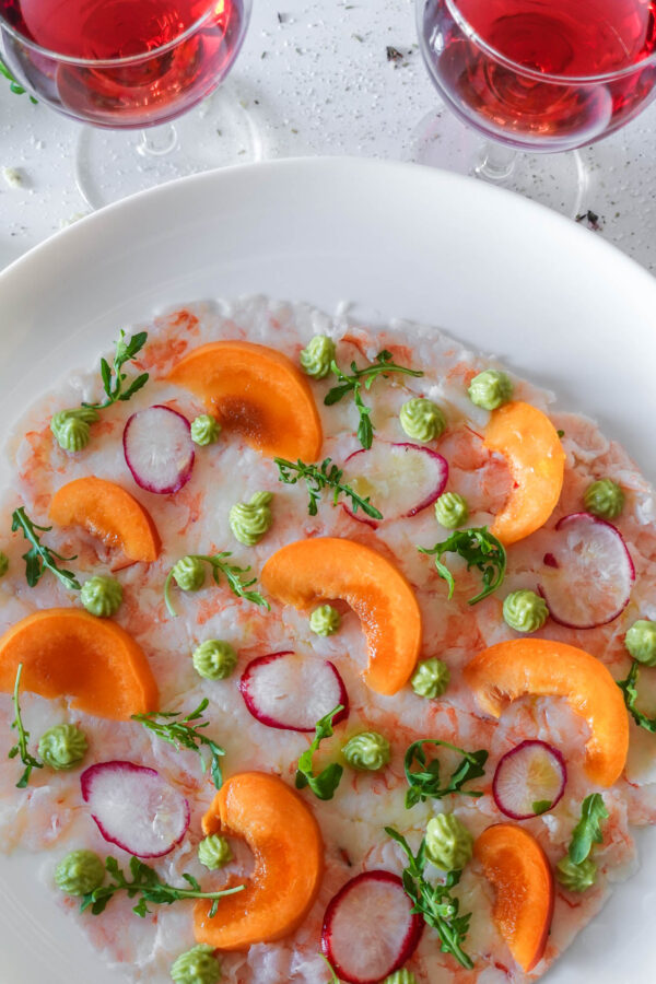 Apricot Shrimp Carpaccio with two glasses of port wine
