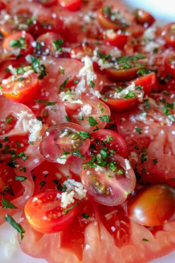 Garlic Tomato Salad on a plate