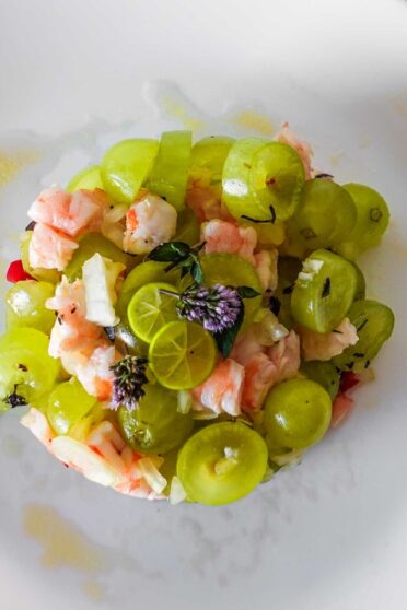 Grape Shrimp Tartare served on a plate.