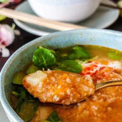 A closeup of Chicken Cabbage Soup in a bowl