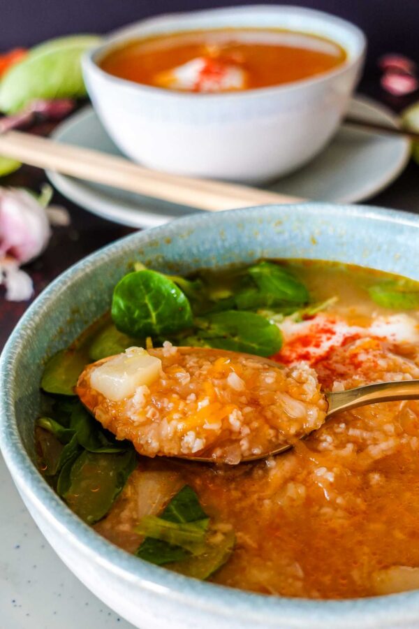 A closeup of Chicken Cabbage Soup in a bowl