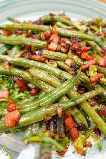 French Green Beans with Bacon on a green plate