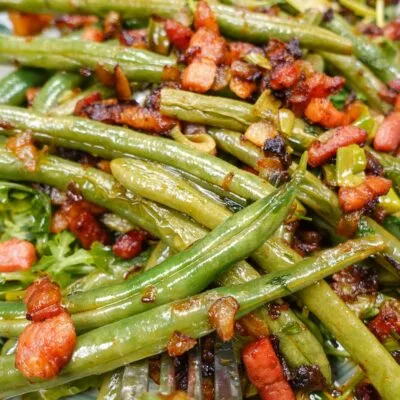 French Green Beans with Bacon on a green plate