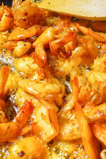 Garlic Butter Shrimp in a skillet pan.