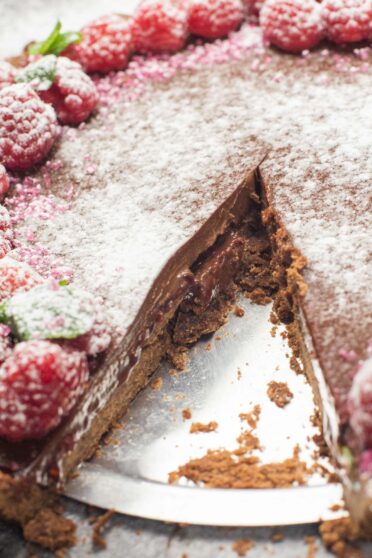 Chocolate Raspberry Tart with fresh raspberries.