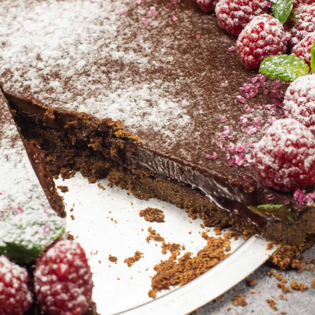 Chocolate Raspberry Tart with fresh raspberries.