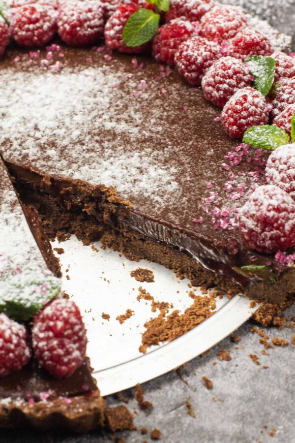 Chocolate Raspberry Tart with fresh raspberries.