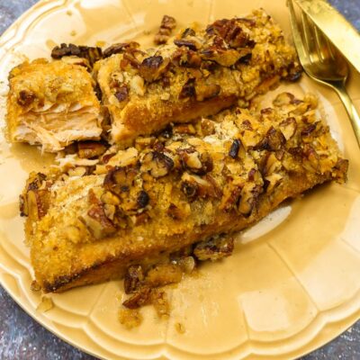A closeup of delicious Pecan Crusted Salmon fillets.