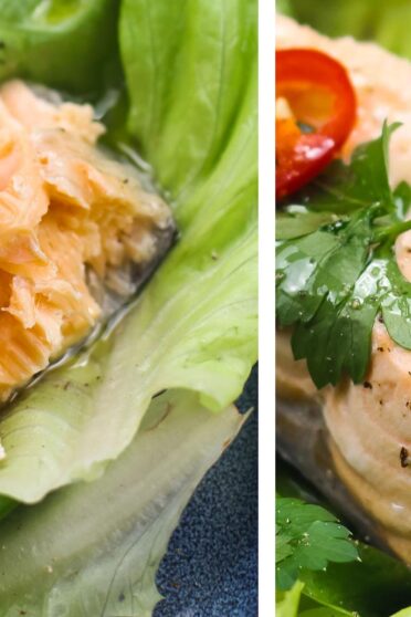 A closeup of two salmon fillets on plate with salad.