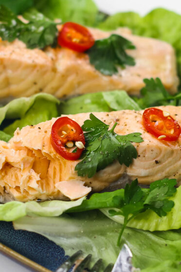 Poached Salmon in White Wine looking stunning