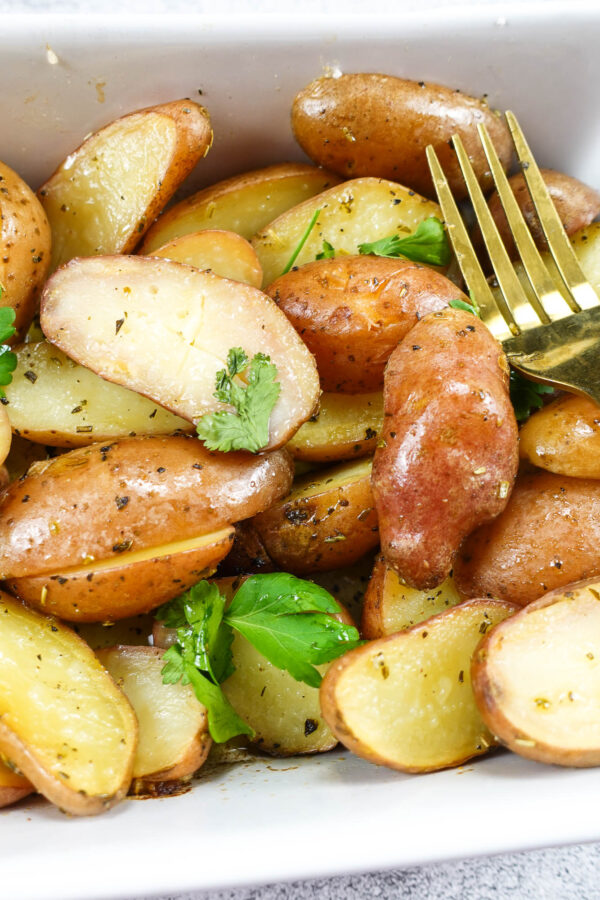 Mediterranean Baby Baked Potatoes in a skillet.