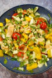 Mediterranean Salmon Ceviche in a blue bowl.