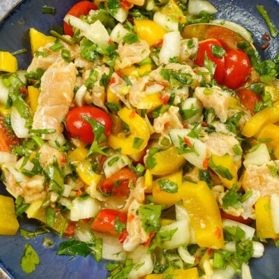 Mediterranean Salmon Ceviche in a blue bowl.