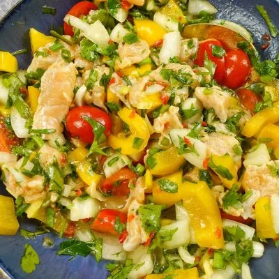 Mediterranean Salmon Ceviche in a blue bowl.