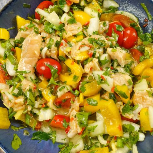 Mediterranean Salmon Ceviche in a blue bowl.