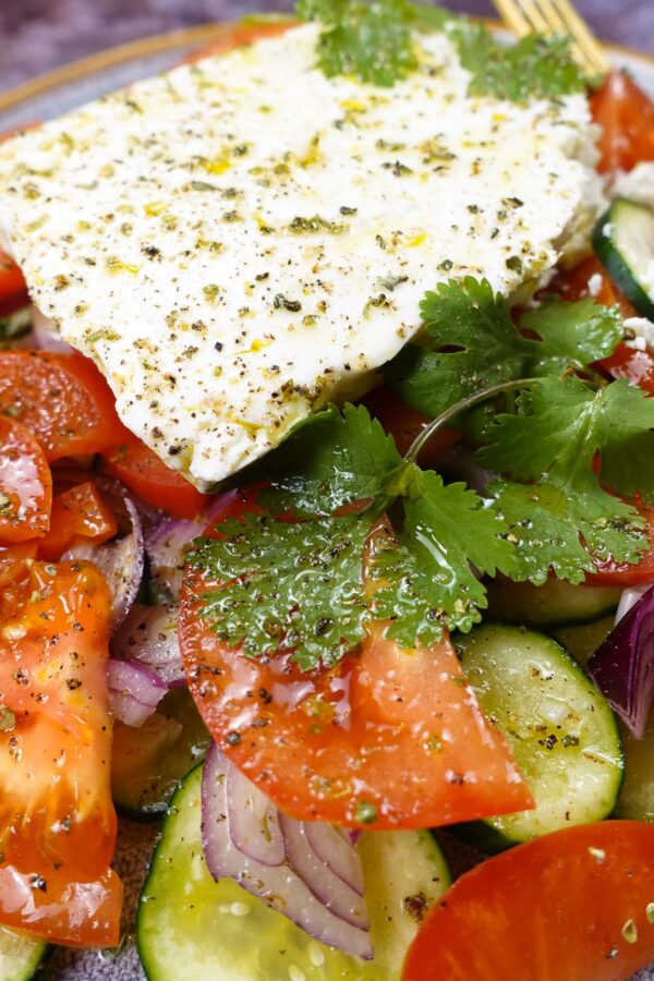 Mediterranean Tomato Cucumber Feta Salad served.