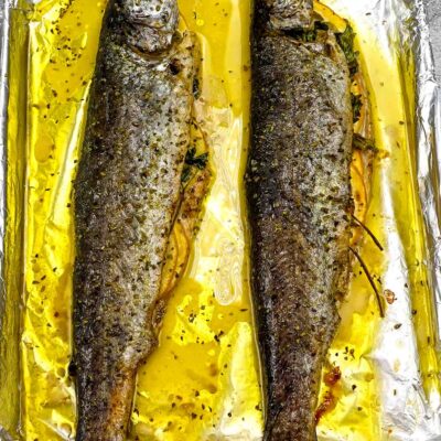 Delicious baked Trout on a tray.