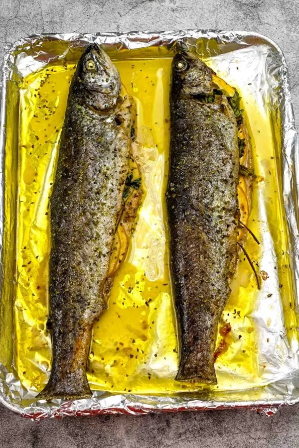 Delicious baked Trout on a tray.