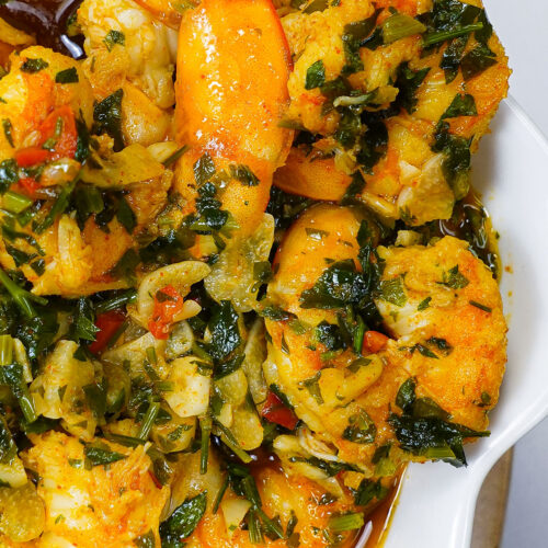 Delicious Portuguese Garlic Shrimp in a white bowl