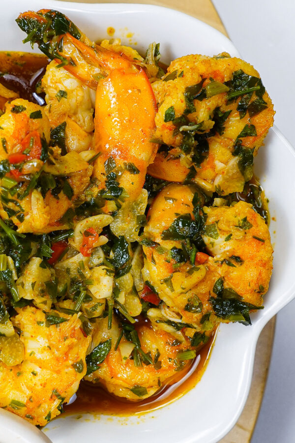 Delicious Portuguese Garlic Shrimp in a white bowl