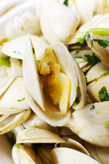 Open Steamed Clams in Wine with garlic and cilantro