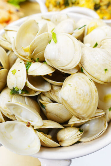 Open Steamed Clams in Wine with garlic and cilantro in a bowl