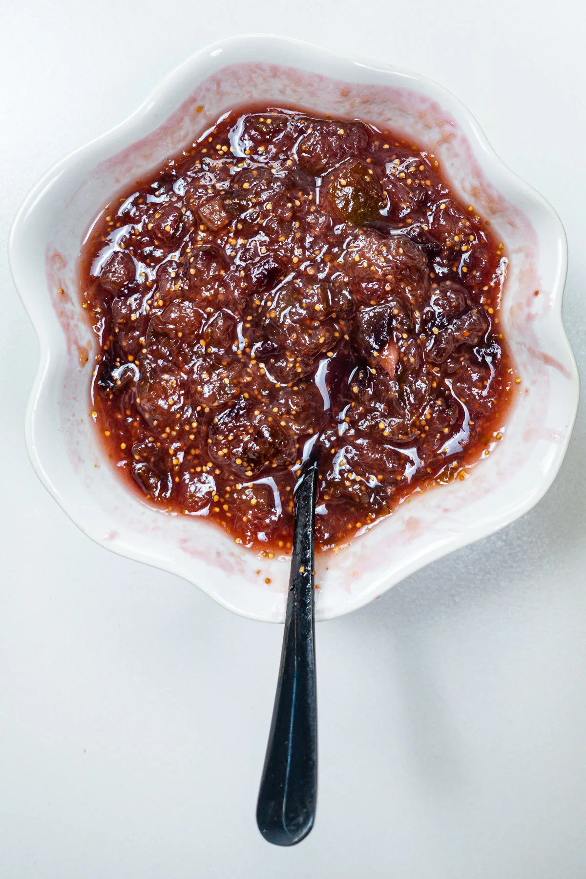 A bowl of thick Mediterranean Fig jam with a spoon