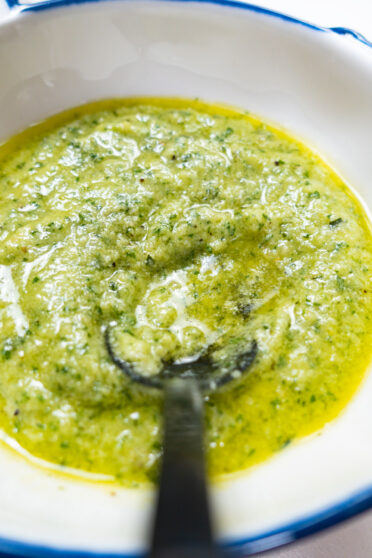 Basil pesto in a bowl