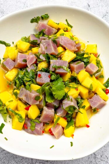 Tuna Ceviche with Mango ready in a bowl and served