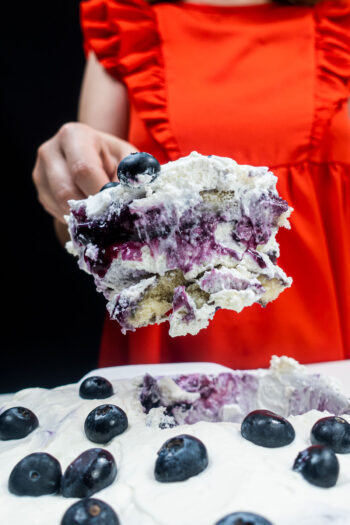 A big portion of blueberry tiramisu in Helena's right hand