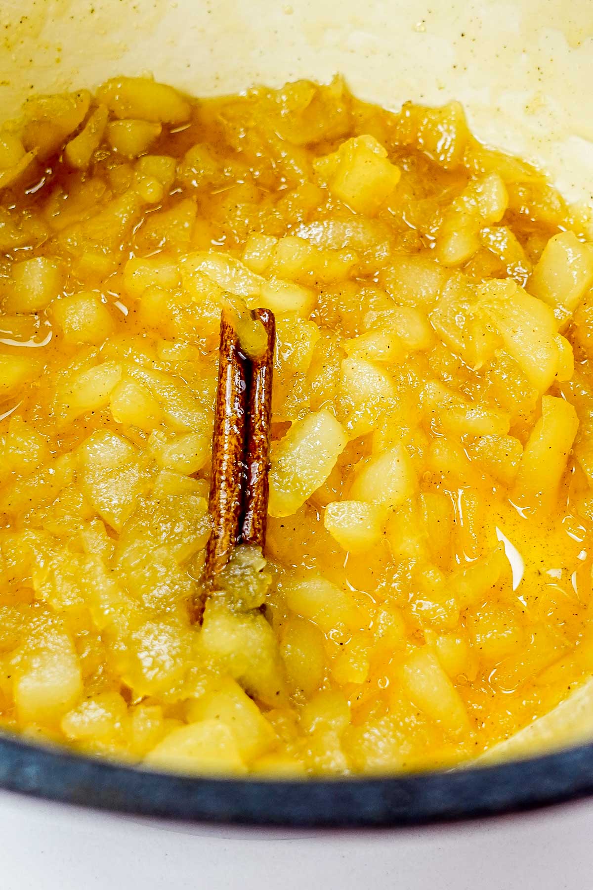 A pot with freshly cooked pear jam