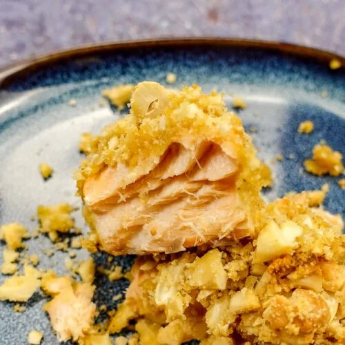 Two pieces of cashew crusted salmon on a blue plate with baked cashew around