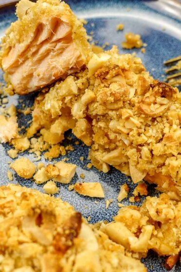 Two pieces of cashew crusted salmon