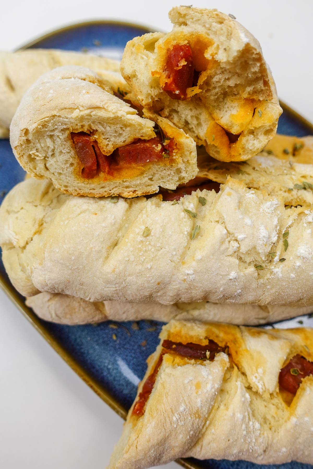Freshly baked chorizo bread on a plate