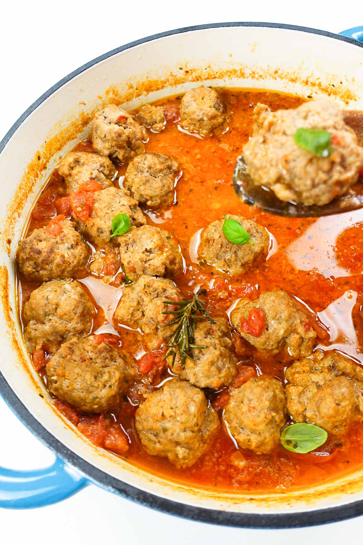 Meatballs with Black Truffle in a blue skillet