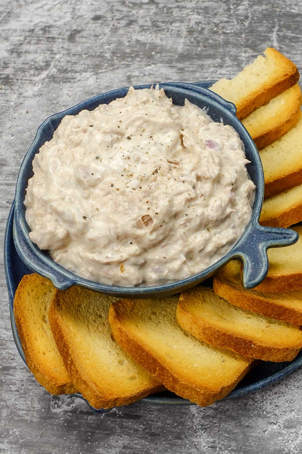 Portuguese Tuna dip in a bowl with crackers on a side